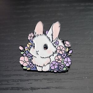 Charming Floral Bunny Rabbit Brooch Pin - White and Pink